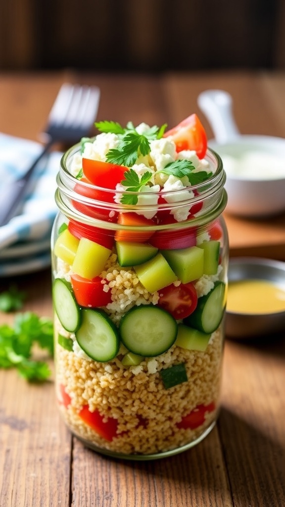 A colorful mason jar filled with Mediterranean quinoa salad, featuring quinoa, cherry tomatoes, cucumbers, bell peppers, and feta cheese.